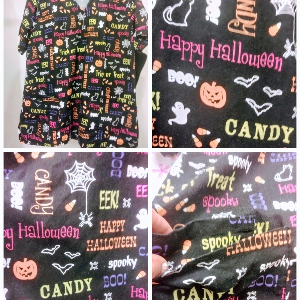 Holiday Halloween size large scrub top.w/ words